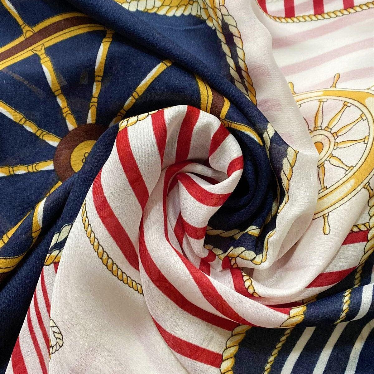 Eșarfă-Șal de mătase, 90 cm x 180cm, Model cu Ancoră și Cârmă - Galeria de Bijuterii