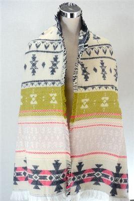 Eșarfă-Șal din Lână, 190 cm x 53 cm, Crem și Albastru Închis cu Model Aztec - Galeria de Bijuterii