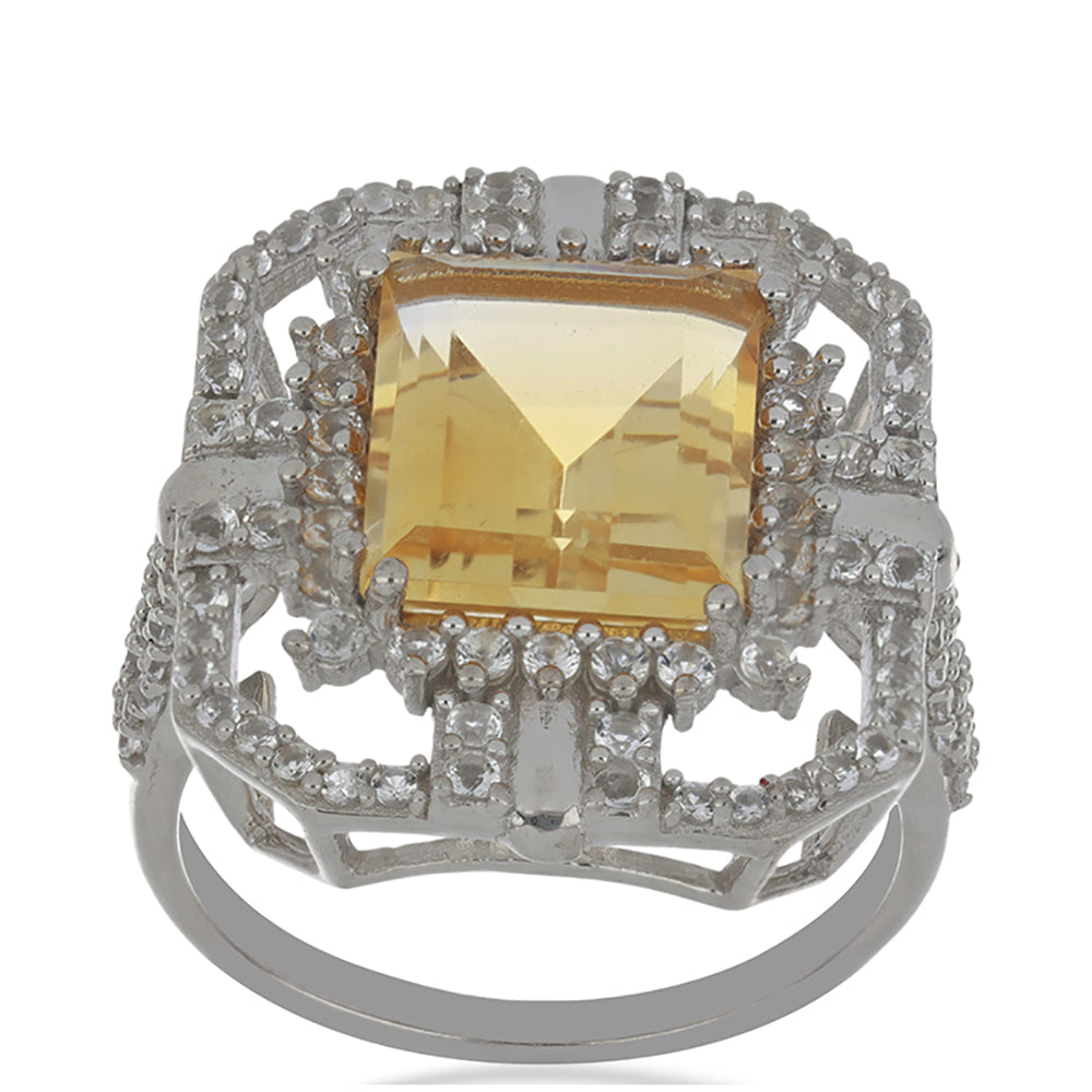 Inel din Argint 925 ( 5.82 grame ) cu Citrin Ural și Topaz Alb 6.93 Carate