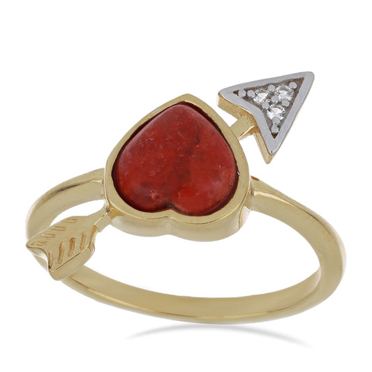 Inel din Argint 925 Placat cu Aur ( 2.72 grame ) cu Coral Roșu Burete și Topaz Alb 1.44 Carate