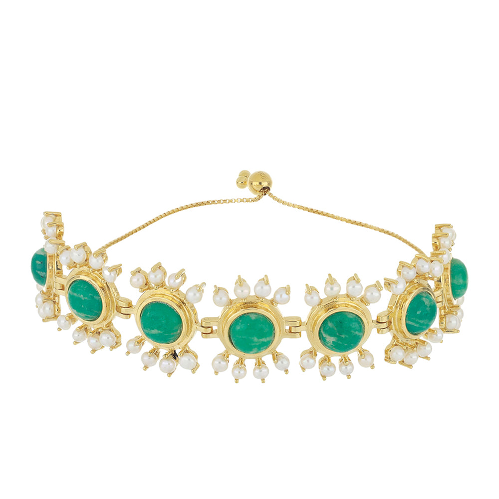 Brățară din Argint 925 Placat cu Aur ( 18.63 grame ) cu Amazonit și Perlă de Apă Dulce Albă 20.88 Carate