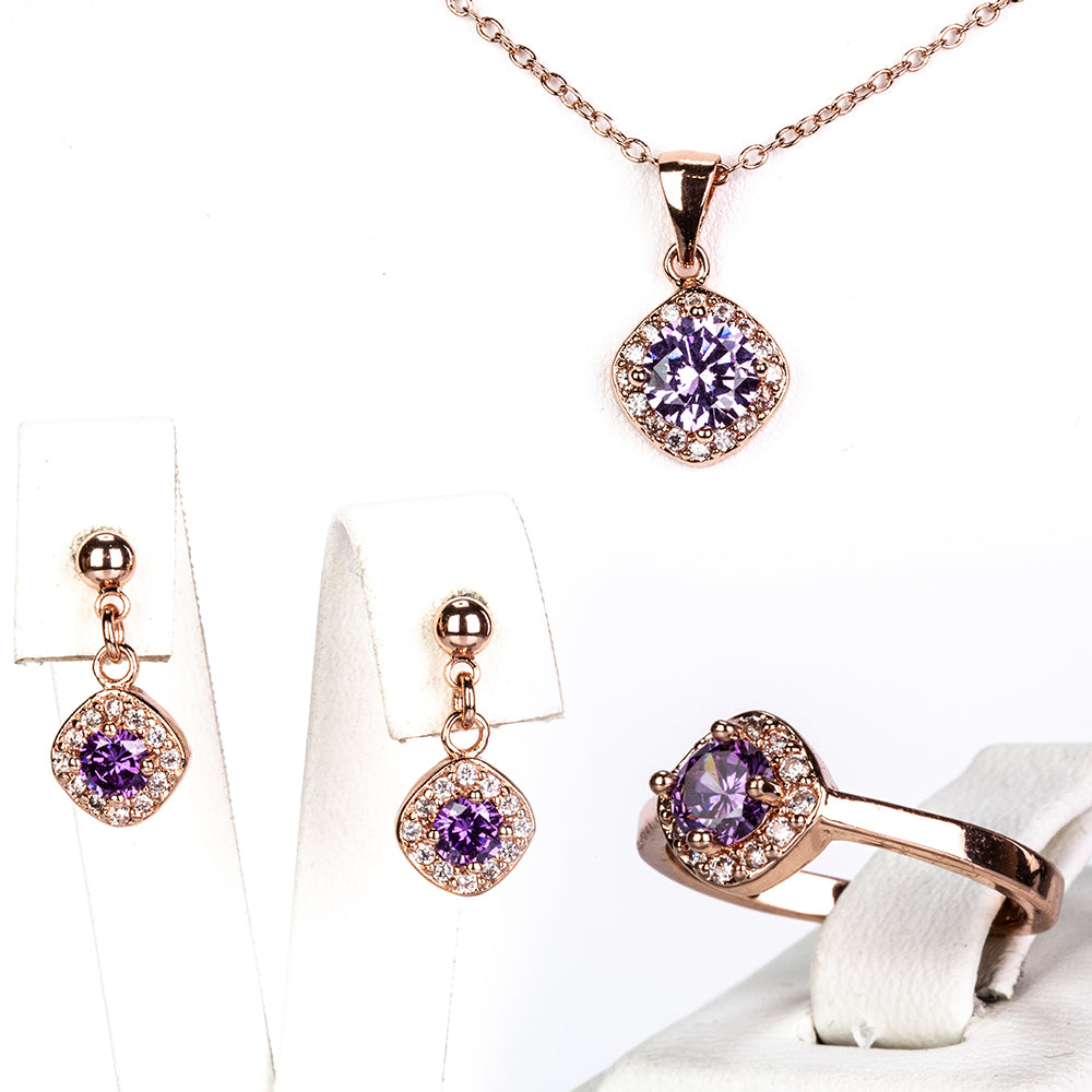 Set din Aliaj Placat cu Aur cu Cristal Violet Emporia® ( Colier+Cercei+Inel+Pandantiv )