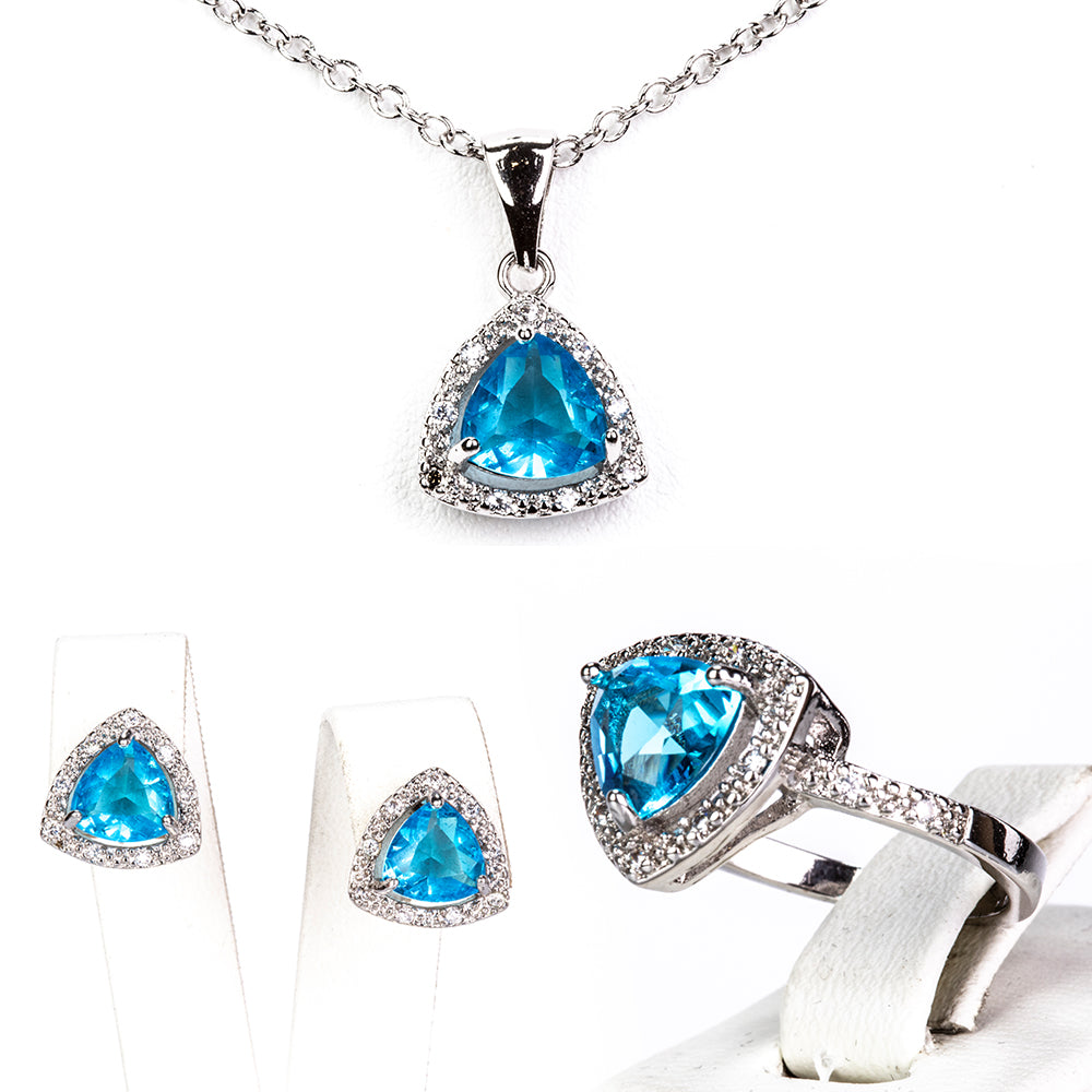 Set din Aliaj Placat cu Aur cu Cristal Albastru Emporia® ( Colier+Cercei+Inel )