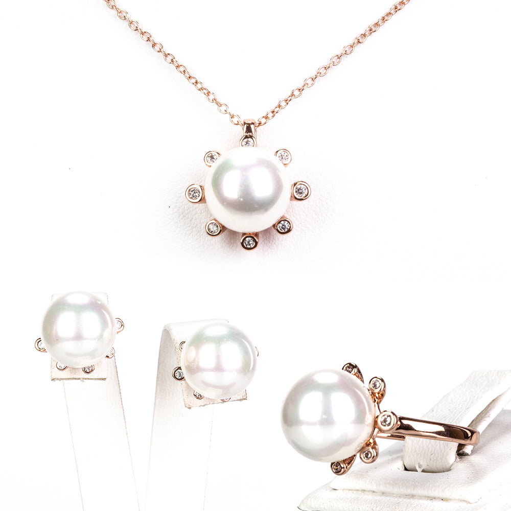 Set din Aliaj Placat cu Aur cu Perlă de cristal și Cristal Alb Emporia® ( Colier+Cercei+Inel ) 1 