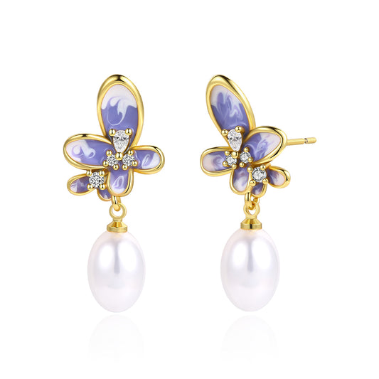 Cercei din Aliaj Placat cu Aur ( 10 grame ) cu Cristal Albastru Emporia® și Perlă de cristal