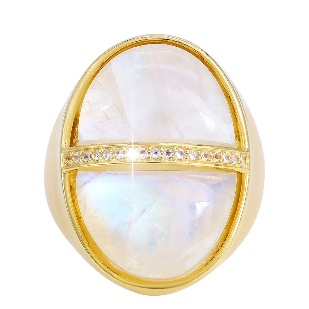 Inel din Argint 925 Placat cu Aur ( 9.5 grame ) cu Piatra Lunii Curcubeu și Topaz Alb 18.55 Carate