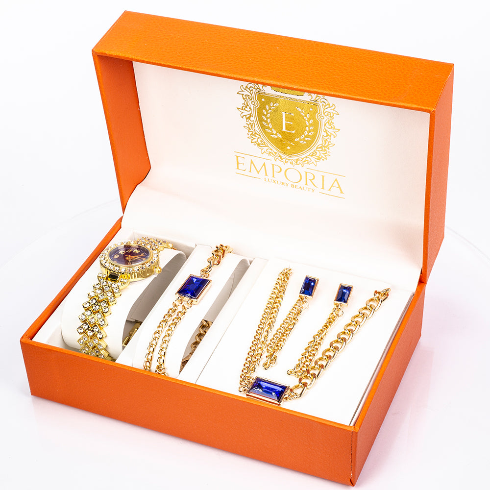 Ceas din Aliaj Placat cu Aur cu Cristal Albastru Emporia® și Cristal Alb Emporia® ( Colier+Cercei+Brățară ) 1 