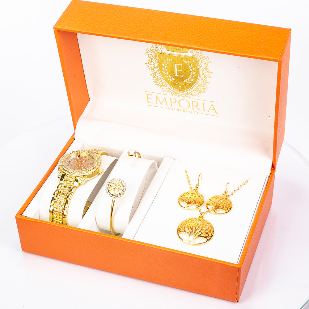 Ceas din Aliaj Placat cu Aur cu Cristal Alb Emporia® ( Colier+Cercei+Brățară+Pandantiv ) 1 