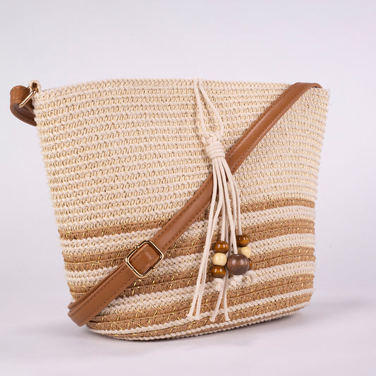 Small Straw Tote Bag with Decorative Wooden Bead Tassel, 25*18*10 cm