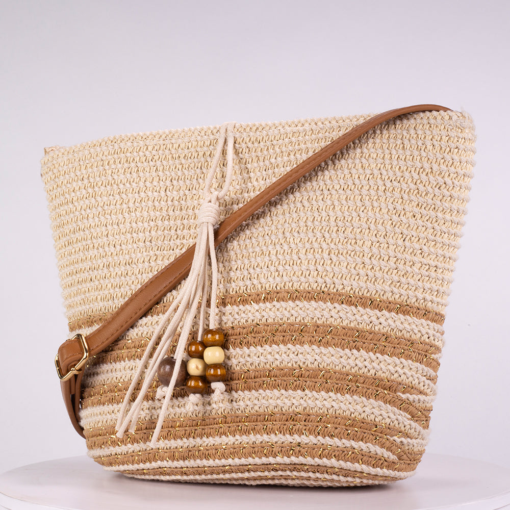 Small Straw Tote Bag with Decorative Wooden Bead Tassel, 25*18*10 cm