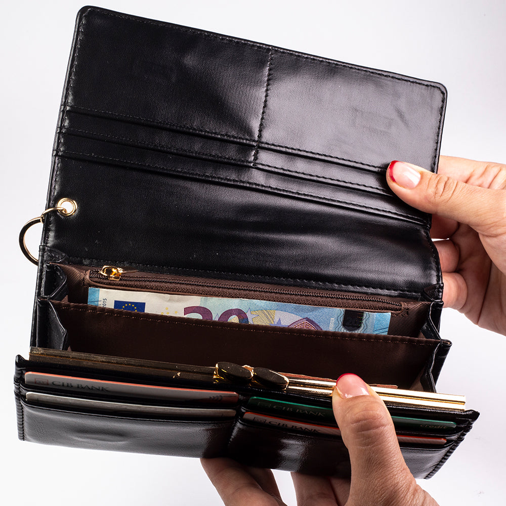 Portofel de damă compact, cu breloc pentru chei – roșu și negru