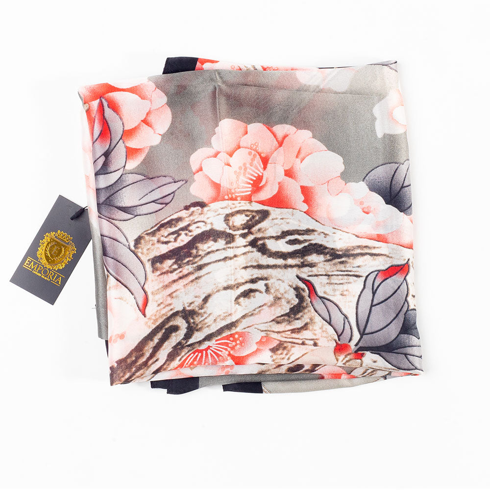 Eșarfă „Vălul Florilor”, 85 x 180 cm, gri, 100% mătase vegană 1 