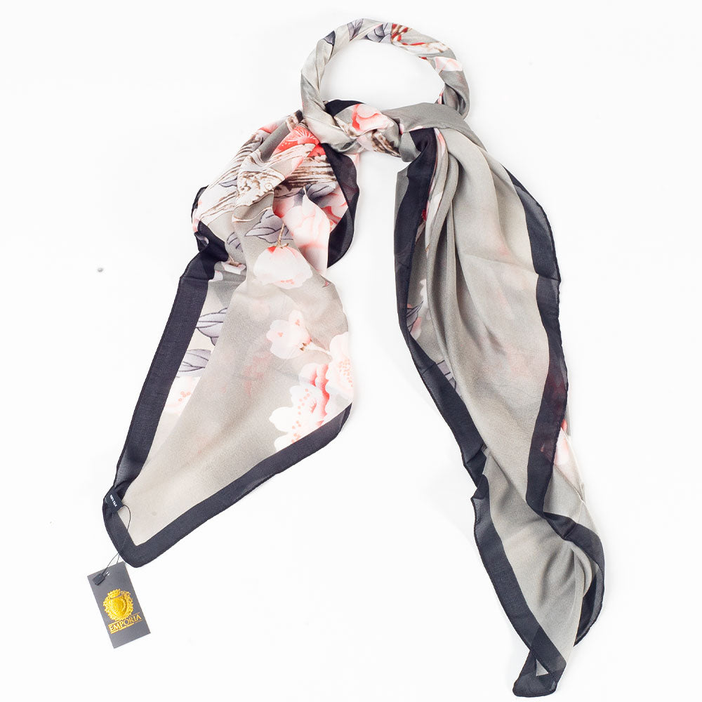 Eșarfă „Vălul Florilor”, 85 x 180 cm, gri, 100% mătase vegană