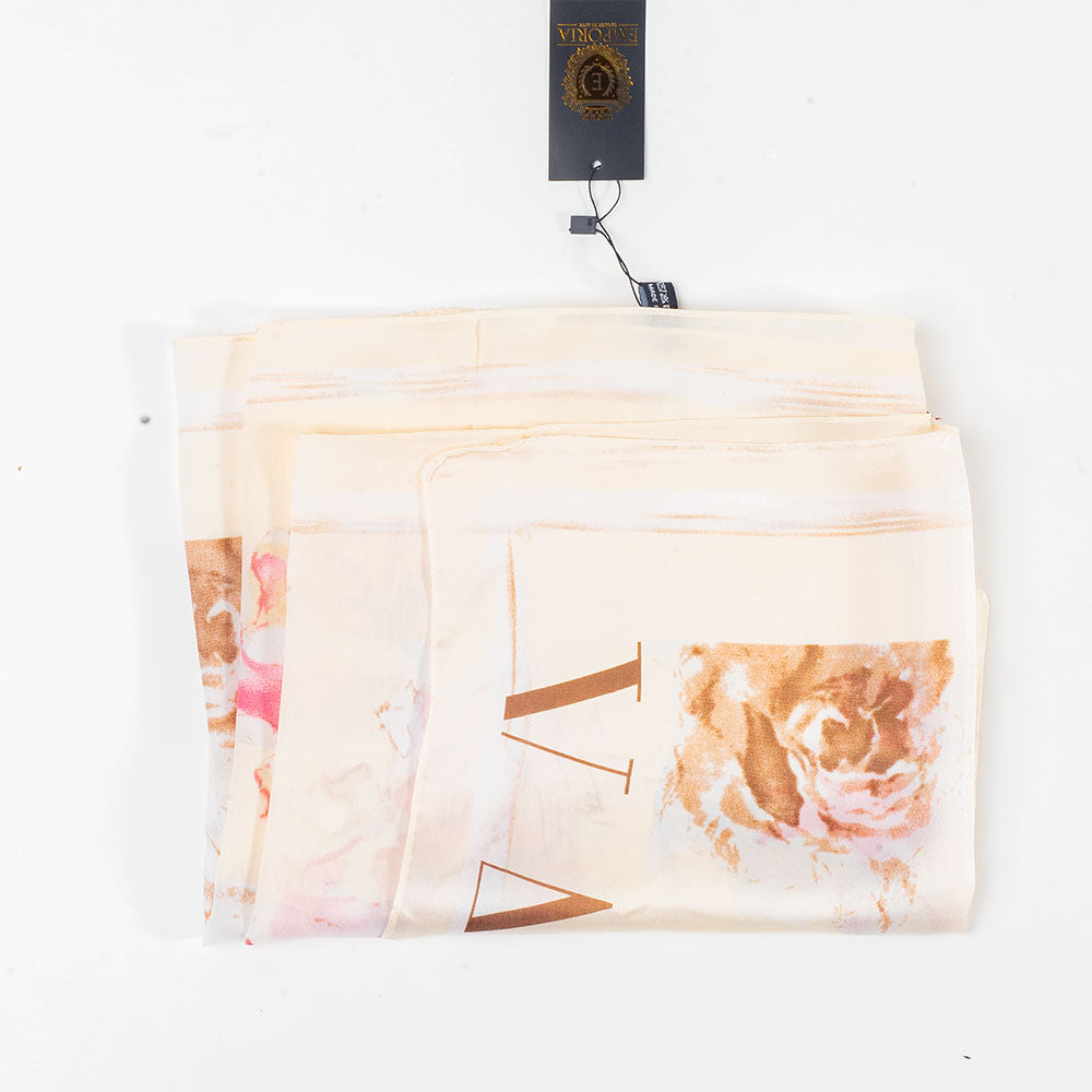 Eșarfă „Flori & Litere”, 85 x 180 cm, albă, 100% mătase vegană 1 