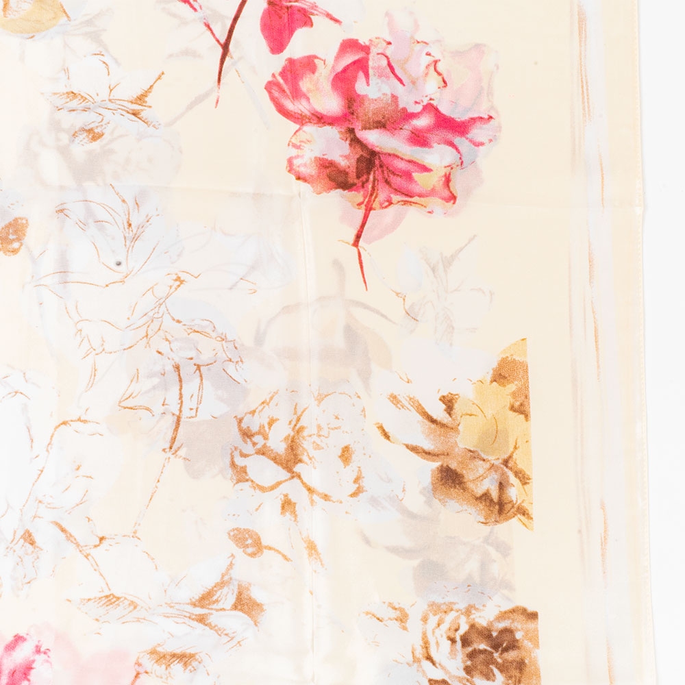 Eșarfă „Flori & Litere”, 85 x 180 cm, albă, 100% mătase vegană