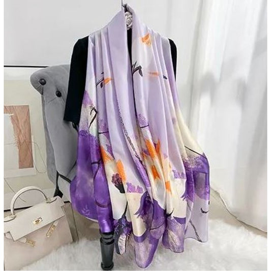 Eșarfă cu model ”Lotus nocturn”, Violet, 85 cm x 180 cm, 100% Mătase Vegană