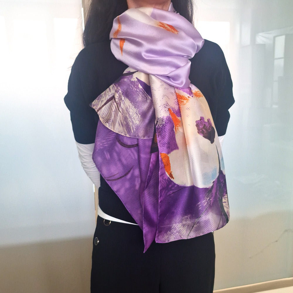 Eșarfă cu model ”Lotus nocturn”, Violet, 85 cm x 180 cm, 100% Mătase Vegană 2 