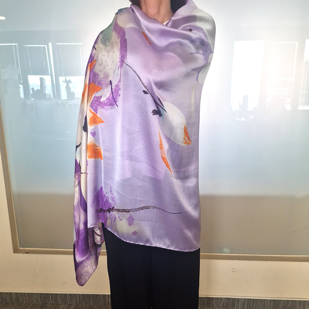 Eșarfă cu model ”Lotus nocturn”, Violet, 85 cm x 180 cm, 100% Mătase Vegană 3 