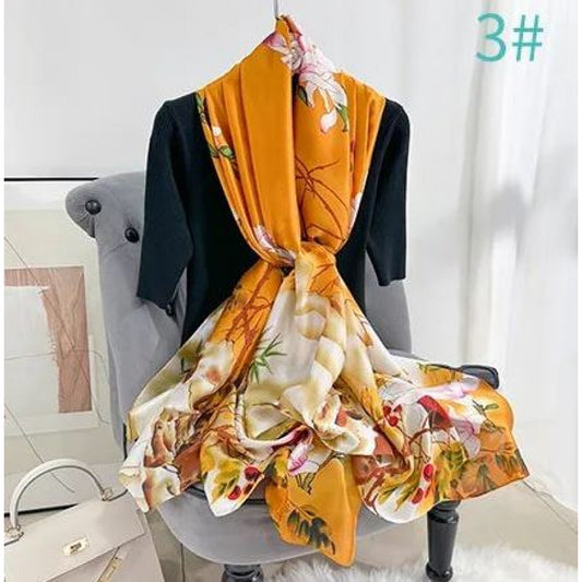 Eșarfă cu model ”Grădina Edenului”, Portocalie , 85 cm x 180 cm, 100% Mătase Vegană