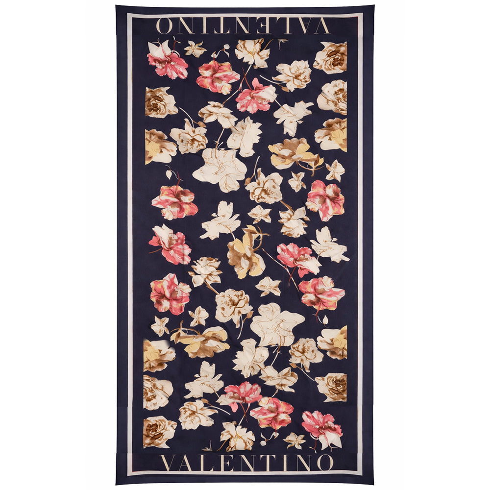 Eșarfă cu model ”Floral și inscripții”, Albastră, 85 cm x 180 cm, 100% Mătase Vegană 1 