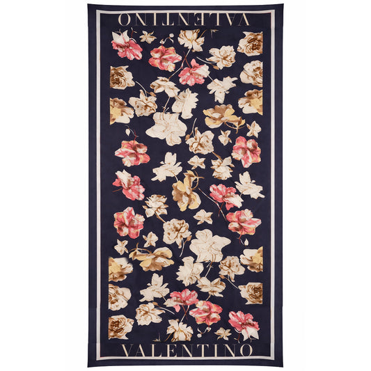 Eșarfă cu model ”Floral și inscripții”, Albastră, 85 cm x 180 cm, 100% Mătase Vegană