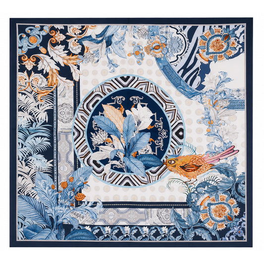 Eșarfă din mătase Azure Paradise, albastră, 90 × 90 cm