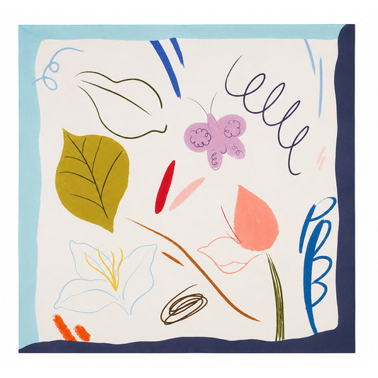 Eșarfă din mătase Playful Bloom, turcoaz, 90 × 90 cm