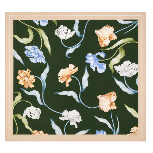 Eșarfă din mătase Emerald Flowers, verde smarald, 90 × 90 cm