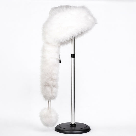 Căciulă de iarnă din blană artificială albă, cu eșarfă – mărime universală