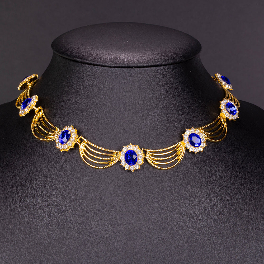 Set din Aliaj Placat cu Aur ( 60 grame ) cu Cristal Albastru Emporia® și Cristal Alb Emporia® ( Colier+Cercei ) 5 