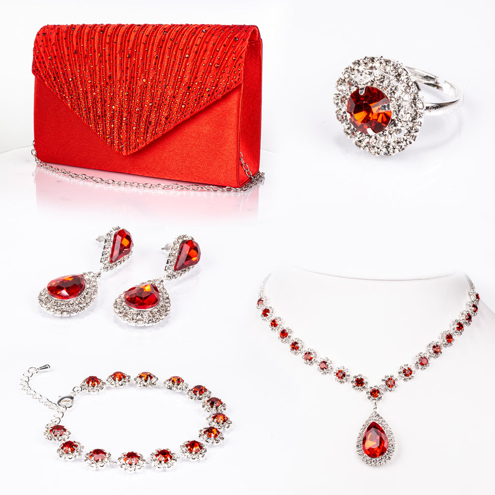 Geantă din Aliaj Placat cu Aur ( 225 grame ) cu Cristal Roșu Emporia® și Cristal Alb Emporia® ( Colier+Cercei+Brățară+Inel )