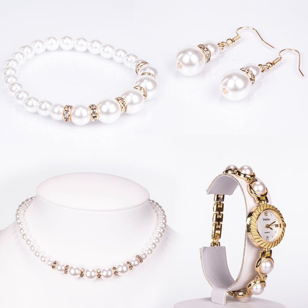 Ceas din Aliaj Placat cu Aur ( 39 grame ) cu Perlă de cristal și Cristal Alb Emporia® ( Colier+Cercei+Brățară )