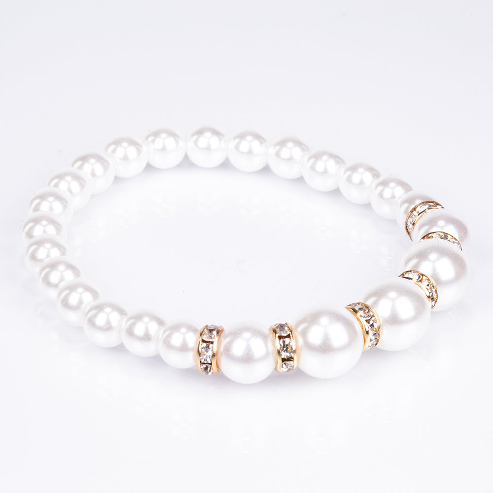 Ceas din Aliaj Placat cu Aur ( 39 grame ) cu Perlă de cristal și Cristal Alb Emporia® ( Colier+Cercei+Brățară )