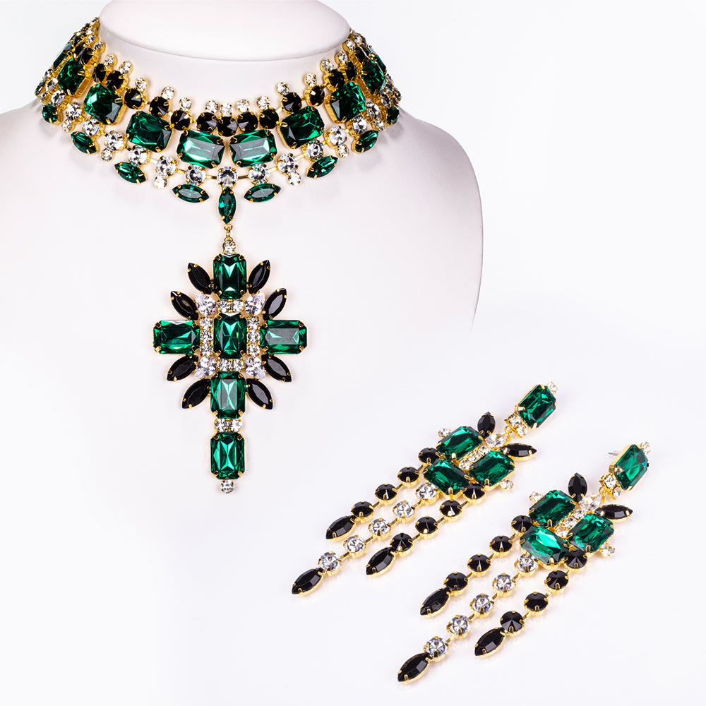 Set din Aliaj Placat cu Aur ( 100 grame ) cu Cristal Verde Emporia® și Cristal Alb Emporia® ( Colier+Cercei ) 1 