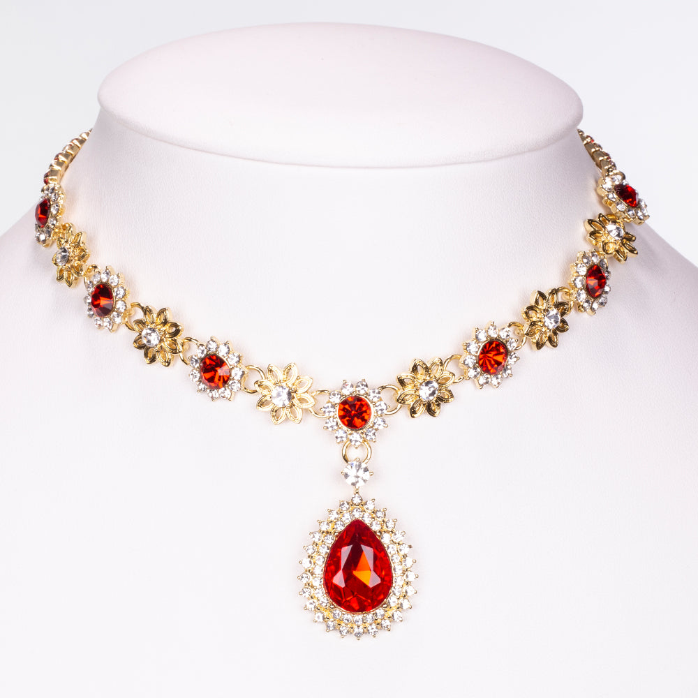 Set din Aliaj Placat cu Aur ( 90 grame ) cu Cristal Roșu Emporia® și Cristal Alb Emporia® ( Colier+Cercei ) 8 