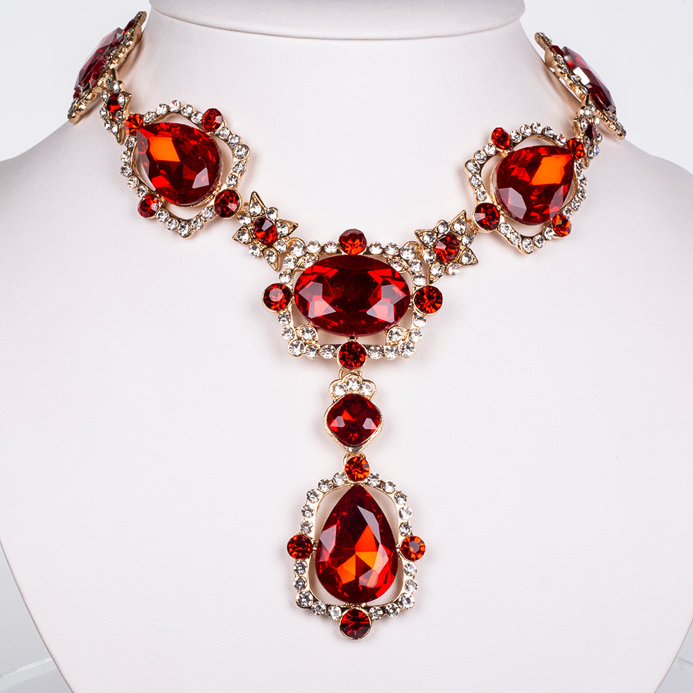 Set din Aliaj Placat cu Aur ( 147.2 grame ) cu Cristal Roșu Emporia® și Cristal Alb Emporia® ( Colier+Cercei ) 5 