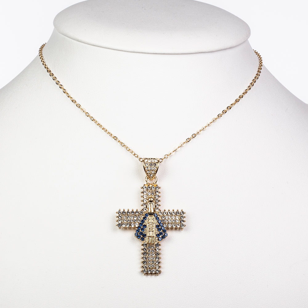 Cruce Colier din Aliaj Placat cu Aur ( 10.5 grame ) cu Cristal Albastru Emporia® și Cristal Alb Emporia® 7.41 Carate 2 