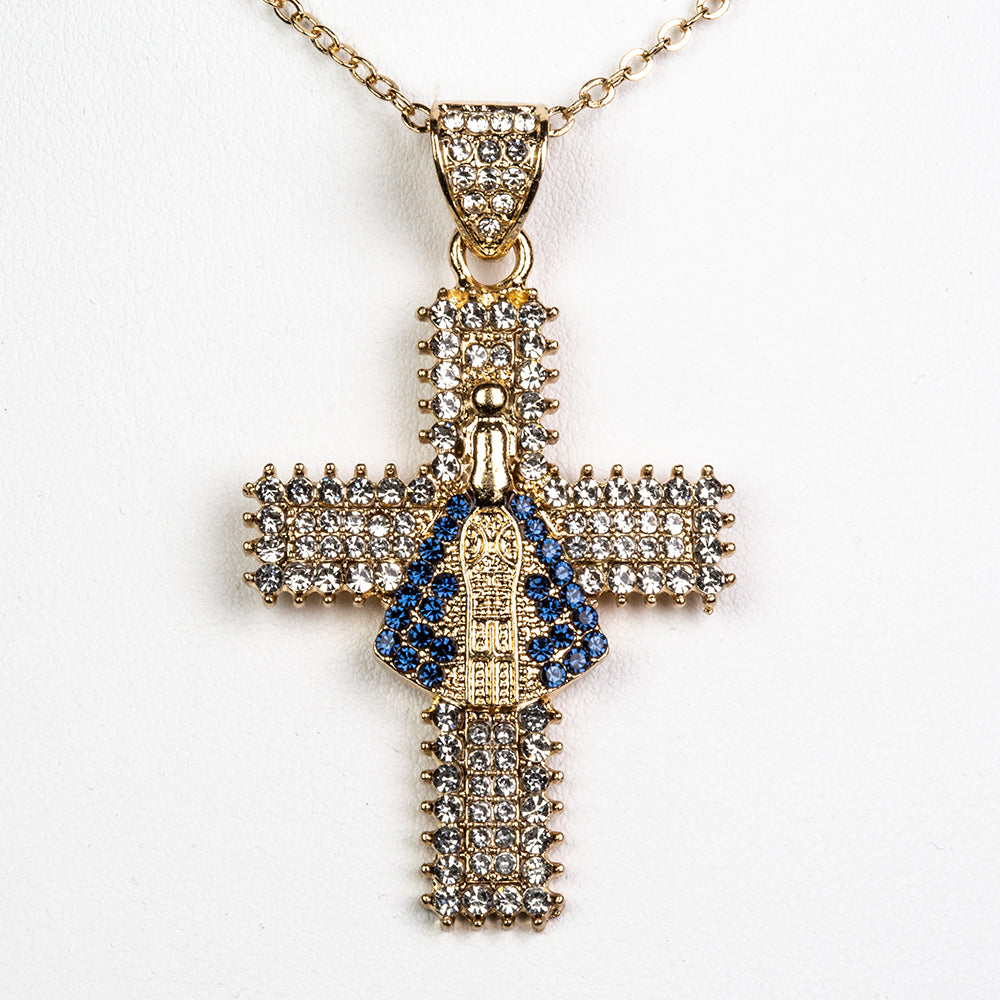 Cruce Colier din Aliaj Placat cu Aur ( 10.5 grame ) cu Cristal Albastru Emporia® și Cristal Alb Emporia® 7.41 Carate 1 