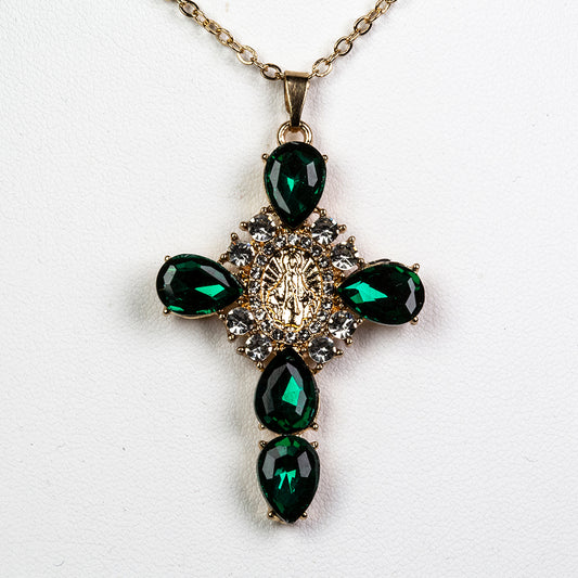 Cruce Colier din Aliaj Placat cu Aur ( 9.5 grame ) cu Cristal Verde Emporia® și Cristal Alb Emporia® 11.8 Carate