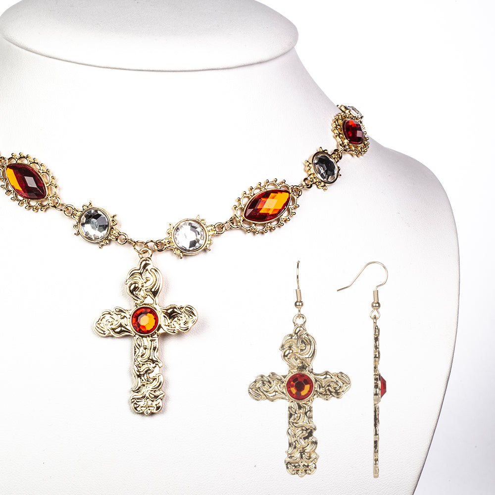 Cruce Set din Aliaj Placat cu Aur ( 5 grame ) cu Cristal Roșu Emporia® și Cristal Alb Emporia® 122.5 Carate ( Colier+Cercei+Pandantiv )