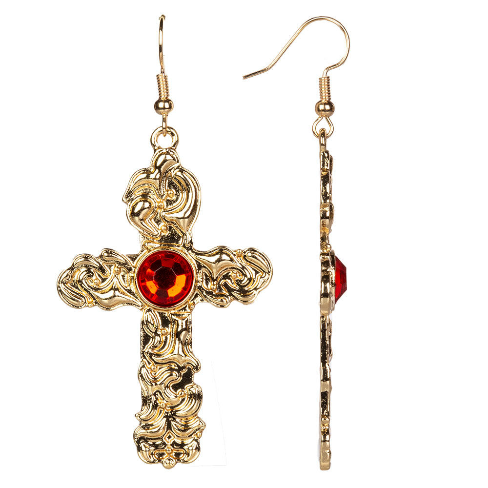 Cruce Set din Aliaj Placat cu Aur ( 5 grame ) cu Cristal Roșu Emporia® și Cristal Alb Emporia® 122.5 Carate ( Colier+Cercei+Pandantiv )