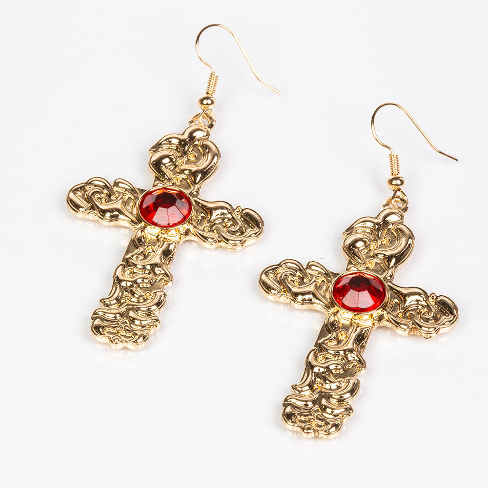 Cruce Set din Aliaj Placat cu Aur ( 5 grame ) cu Cristal Roșu Emporia® și Cristal Alb Emporia® 122.5 Carate ( Colier+Cercei+Pandantiv )