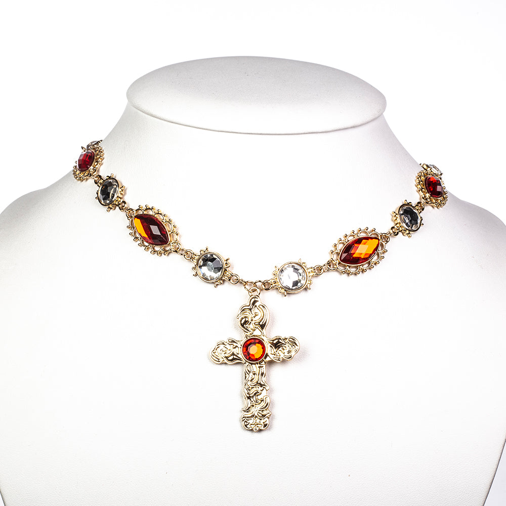 Cruce Set din Aliaj Placat cu Aur ( 5 grame ) cu Cristal Roșu Emporia® și Cristal Alb Emporia® 122.5 Carate ( Colier+Cercei+Pandantiv )