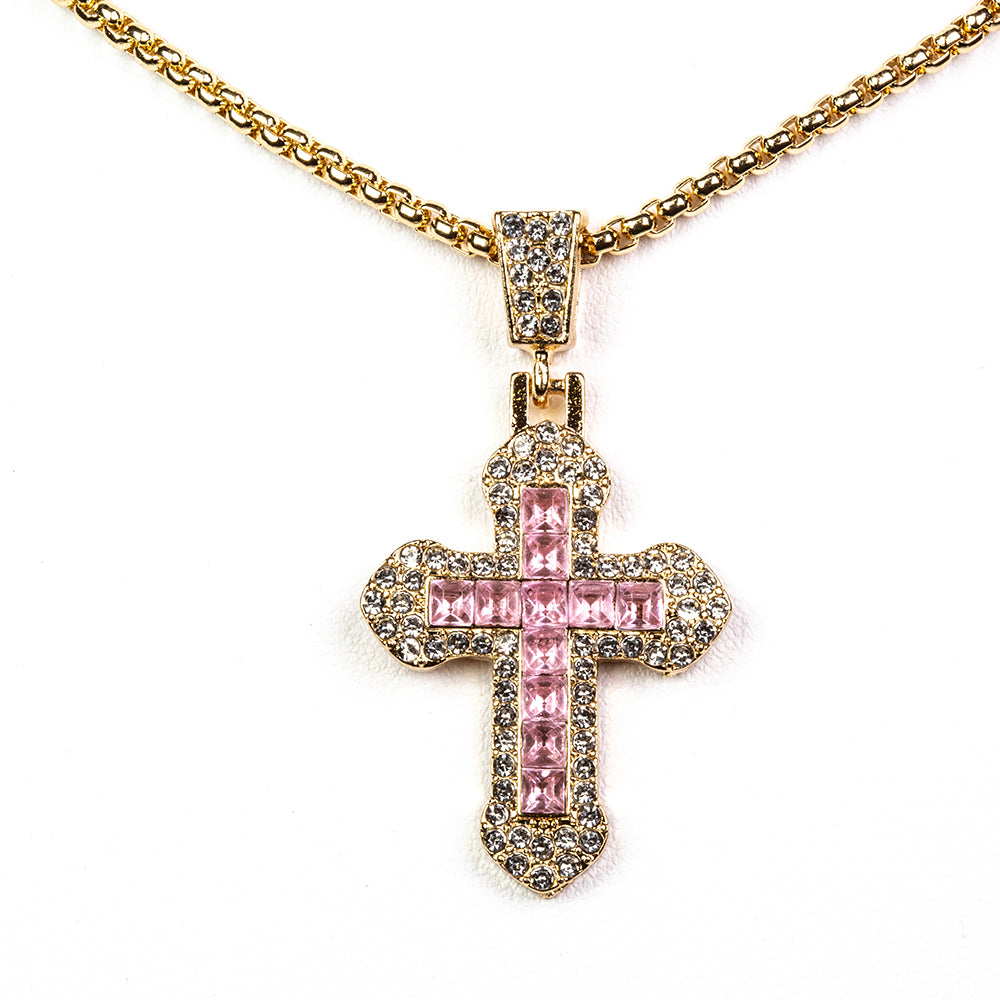 Cruce Set din Aliaj Placat cu Aur ( 16.25 grame ) cu Cristal Roz Emporia® și Cristal Alb Emporia® 21.57 Carate ( Colier+Brățară+Inel+Pandantiv ) 3 