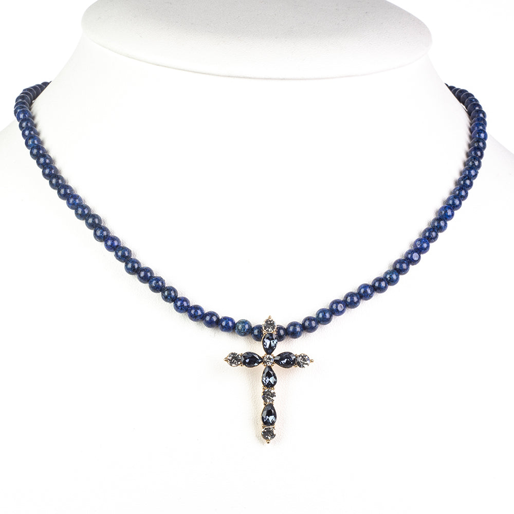 Cruce Colier din Aliaj Placat cu Aur ( 11.25 grame ) cu Lapis Lazuli și Cristal Albastru Emporia® 29.64 Carate ( Colier+Pandantiv ) 2 