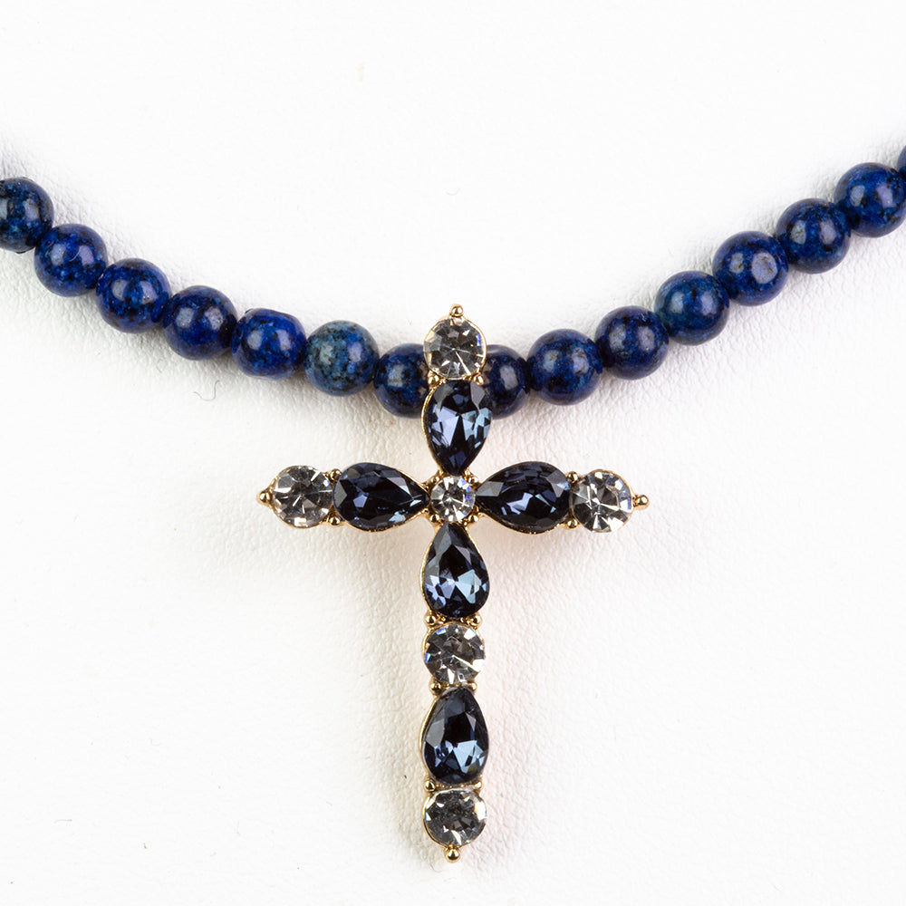 Cruce Colier din Aliaj Placat cu Aur ( 11.25 grame ) cu Lapis Lazuli și Cristal Albastru Emporia® 29.64 Carate ( Colier+Pandantiv ) 1 