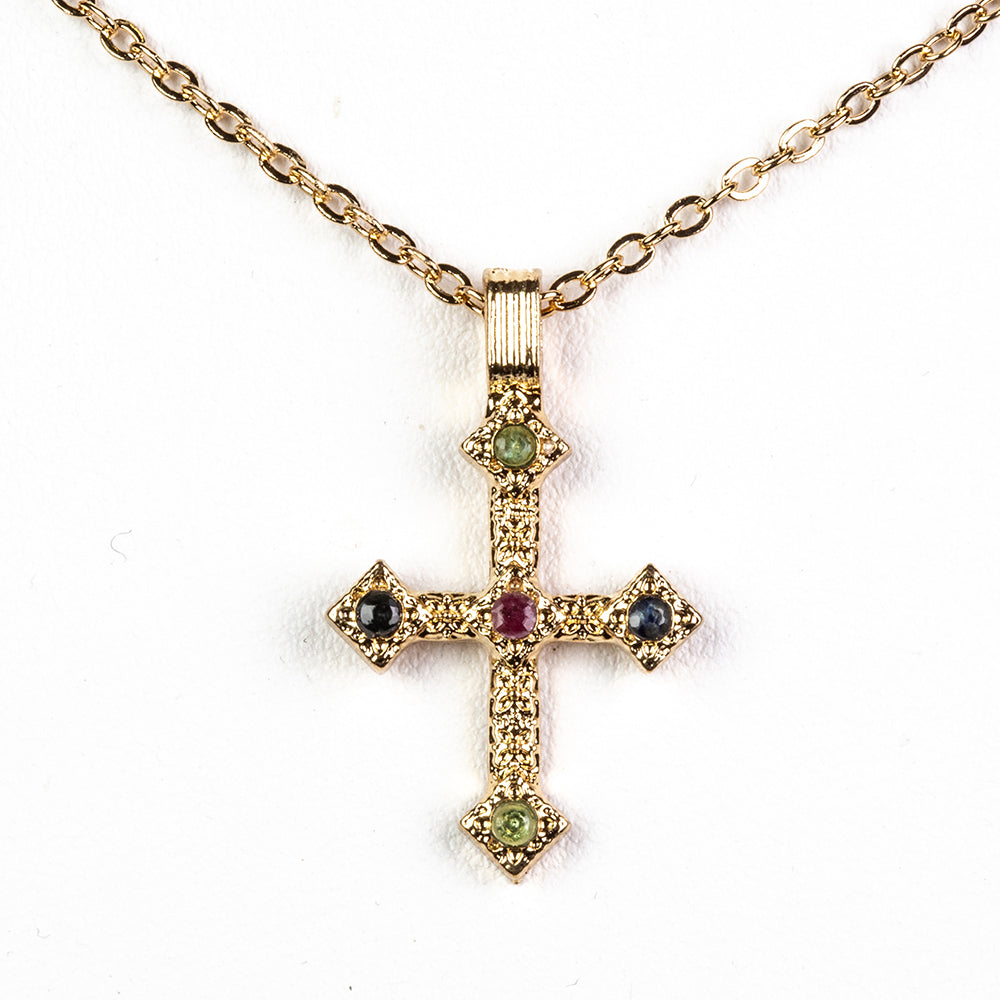 Cruce Colier din Aliaj Placat cu Aur ( 28.75 grame ) cu Rubin Birmanez și Smarald Brazilian 0.23 Carate ( Colier+Pandantiv ) 1 