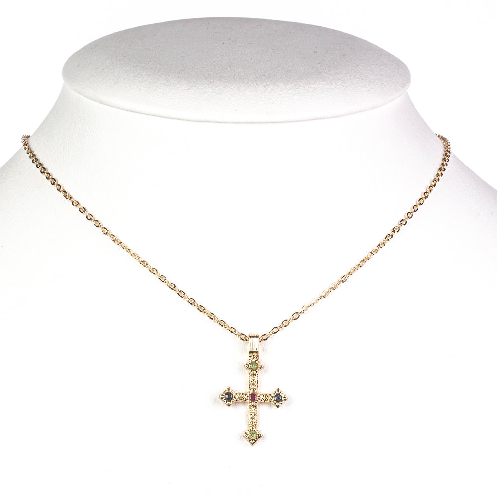 Cruce Colier din Aliaj Placat cu Aur ( 28.75 grame ) cu Rubin Birmanez și Smarald Brazilian 0.23 Carate ( Colier+Pandantiv )