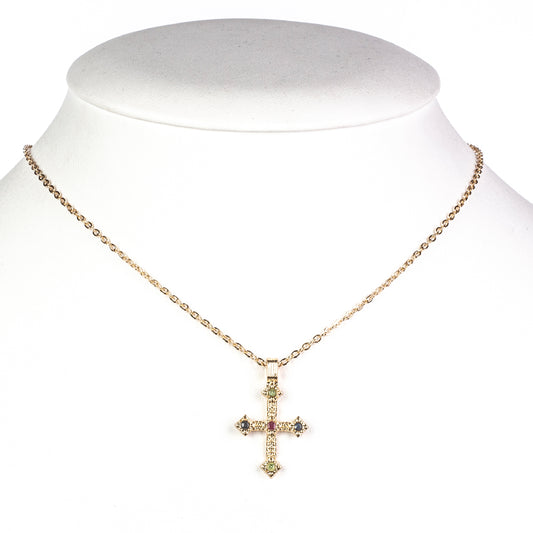 Cruce Colier din Aliaj Placat cu Aur ( 28.75 grame ) cu Rubin Birmanez și Smarald Brazilian 0.23 Carate ( Colier+Pandantiv )