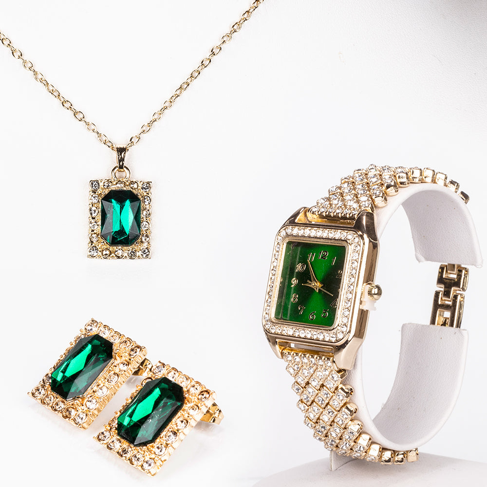 Ceas din Aliaj Placat cu Aur ( 57 grame ) cu Cristal Verde Emporia® și Cristal Alb Emporia® 12 Carate ( Colier+Cercei+Pandantiv ) 1 